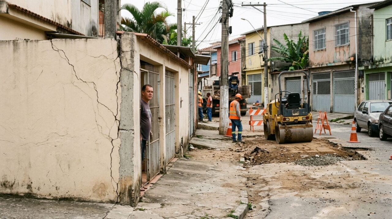 Morador acorda com uma máquina da prefeitura trabalhando na rua, percebe rachaduras surgindo no muro durante a compactação do solo e pede que o município pague pelo conserto da estrutura
