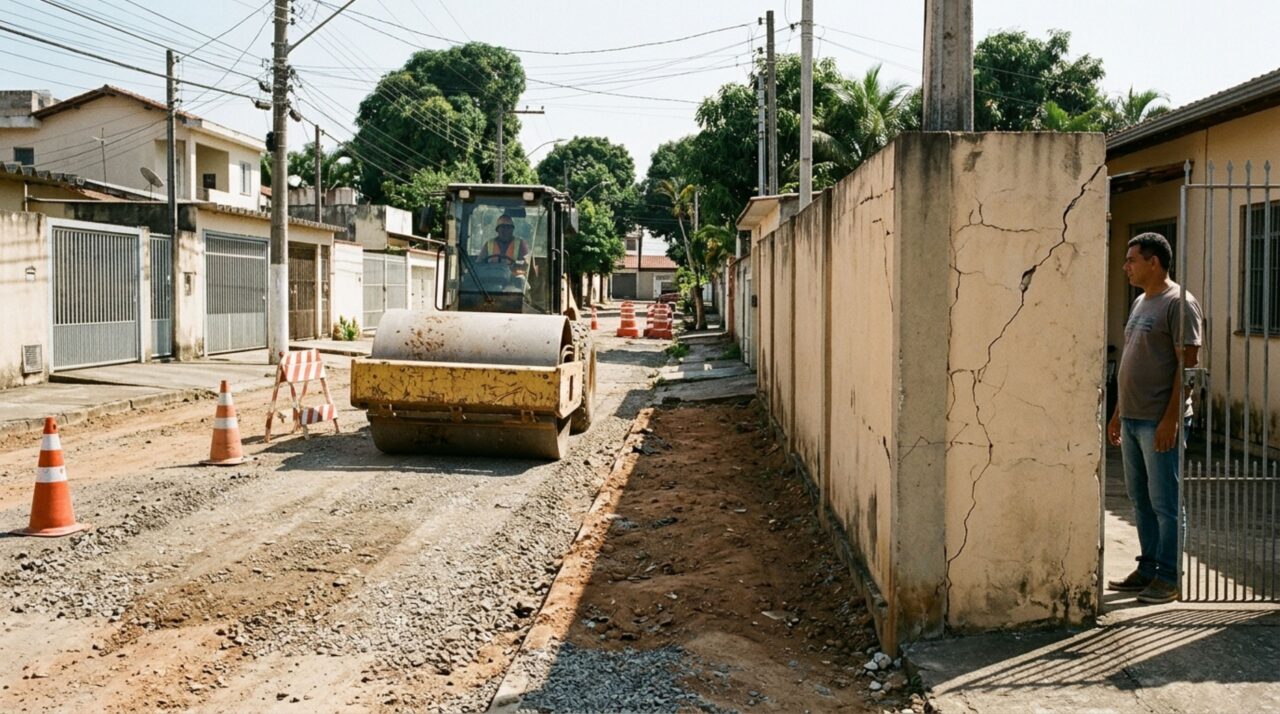 Morador acorda com uma máquina da prefeitura trabalhando na rua, percebe rachaduras surgindo no muro durante a compactação do solo e pede que o município pague pelo conserto da estrutura