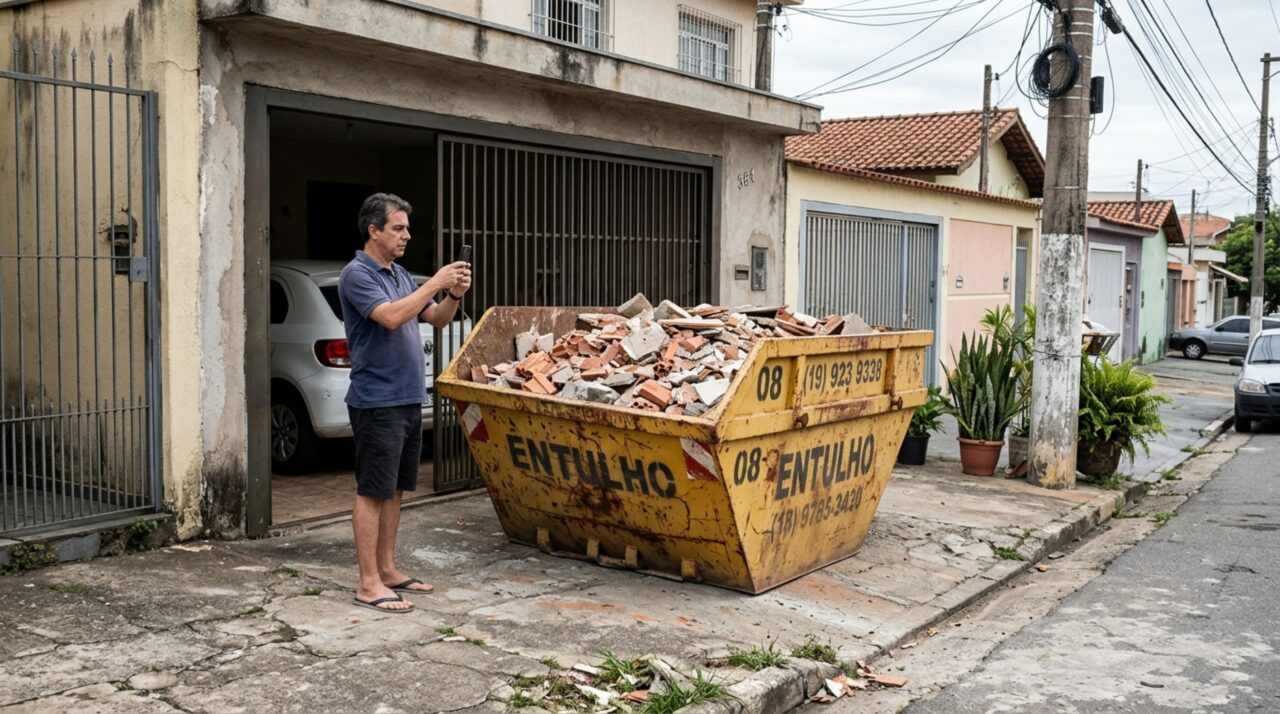 Família contrata uma caçamba para retirar entulho da reforma e descobre que a empresa deixou o equipamento bloqueando a garagem do vizinho durante todo o fim de semana