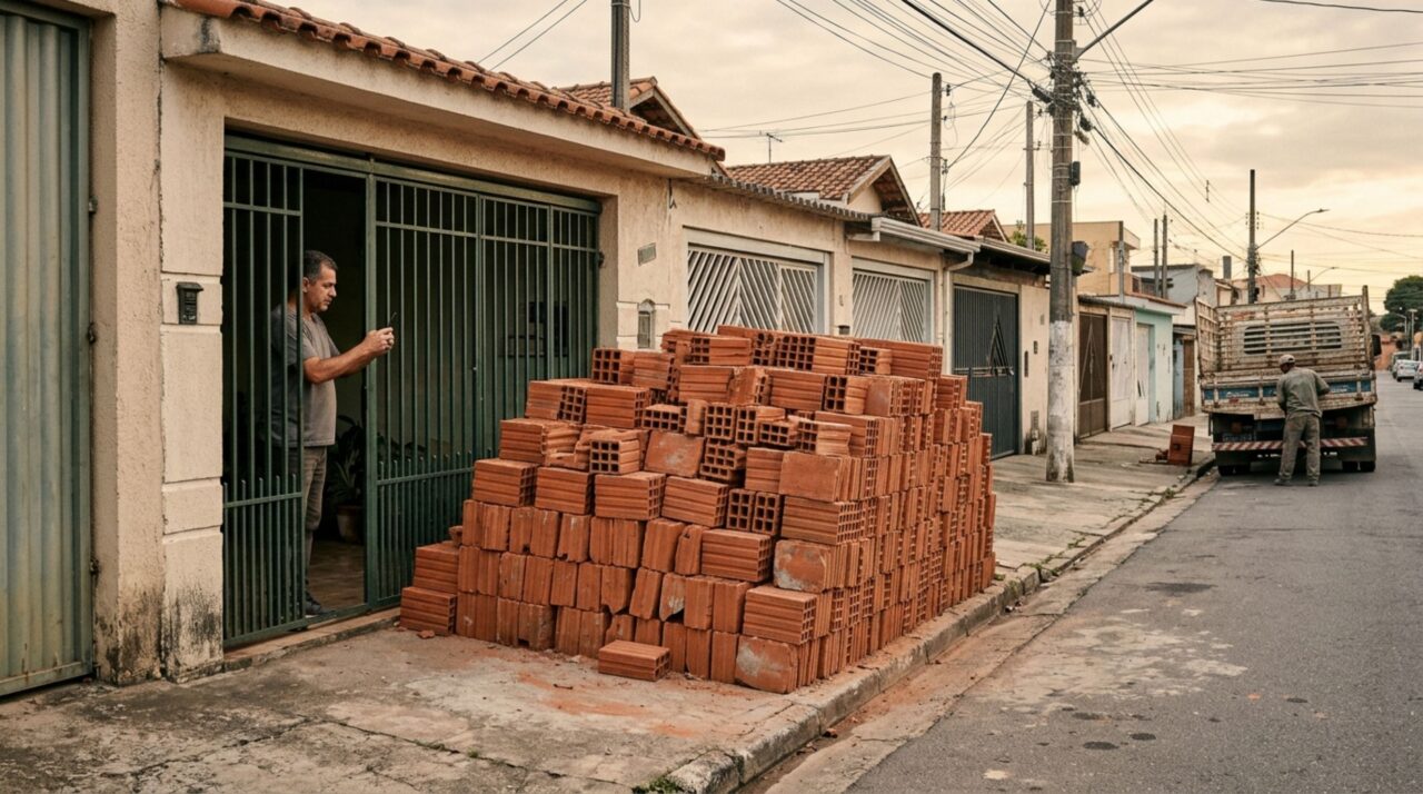 Casal compra 2 mil tijolos para ampliar a casa, mas o caminhão descarrega a carga na calçada do vizinho e o proprietário exige a retirada imediata do material