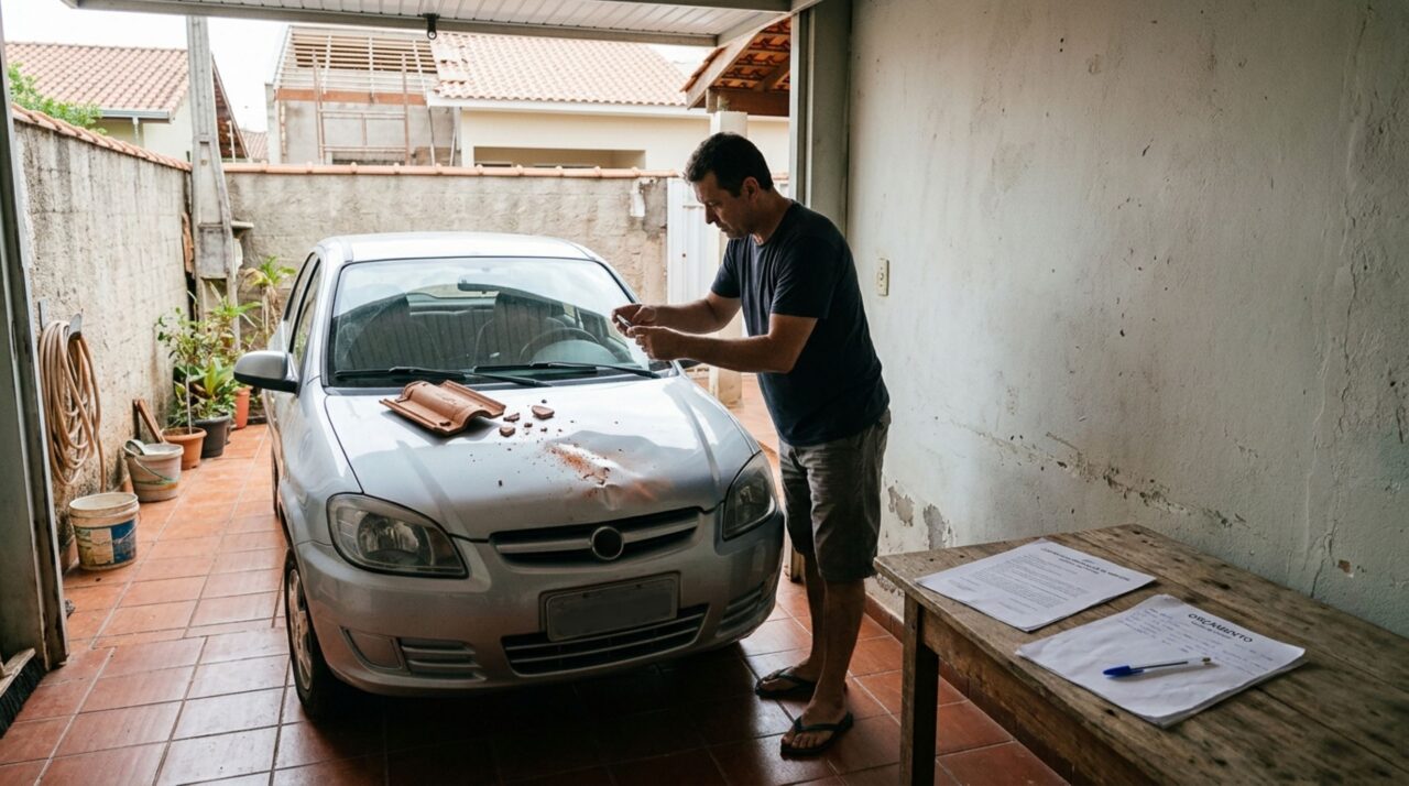Casal contrata pedreiros para trocar o telhado, uma telha cai sobre o carro estacionado na garagem vizinha e dono do veículo exige indenização, mas contrato revela quem assumiu a execução da obra