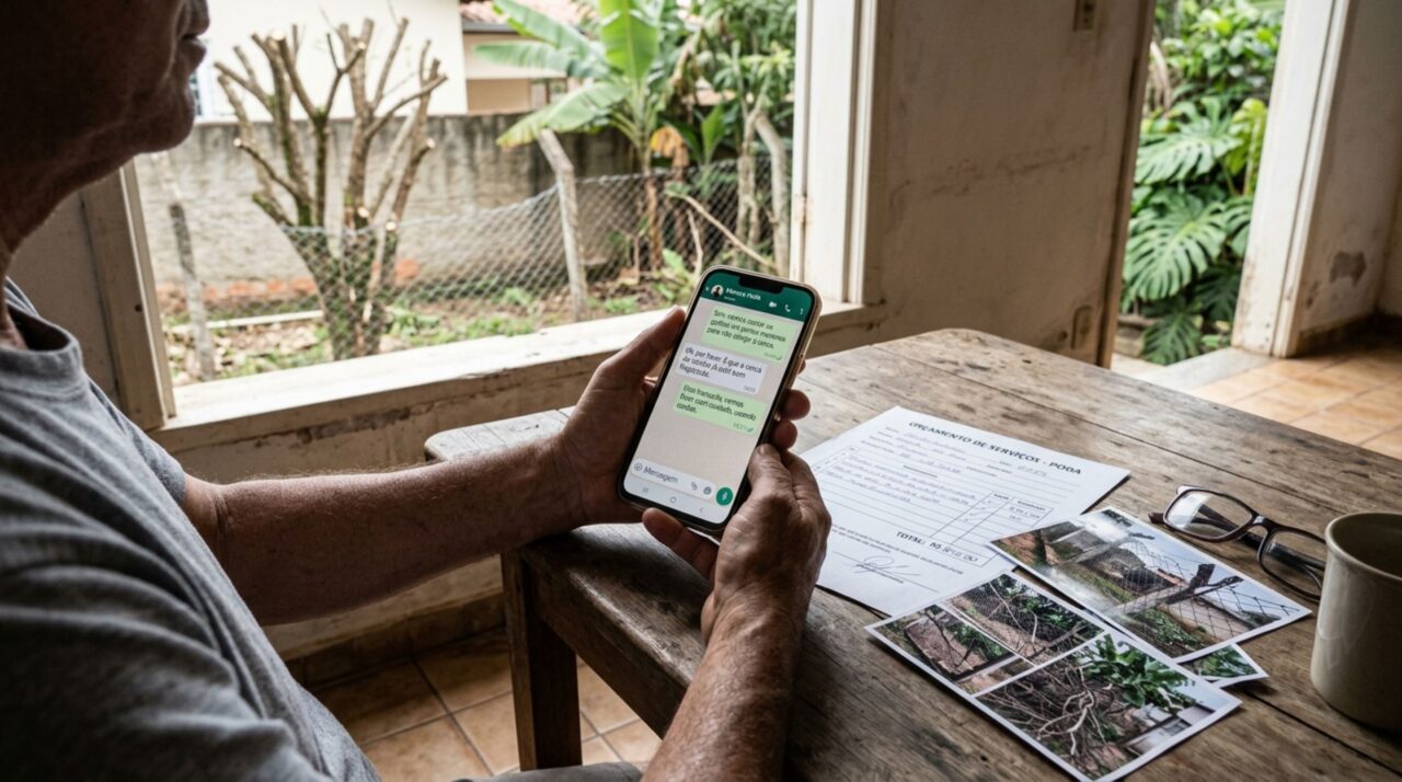 Proprietário contrata uma empresa para podar uma árvore no quintal, galho cai sobre a cerca do vizinho e cobrança chega ao dono da casa, mas mensagens mostram que o corte havia sido combinado de outra maneira