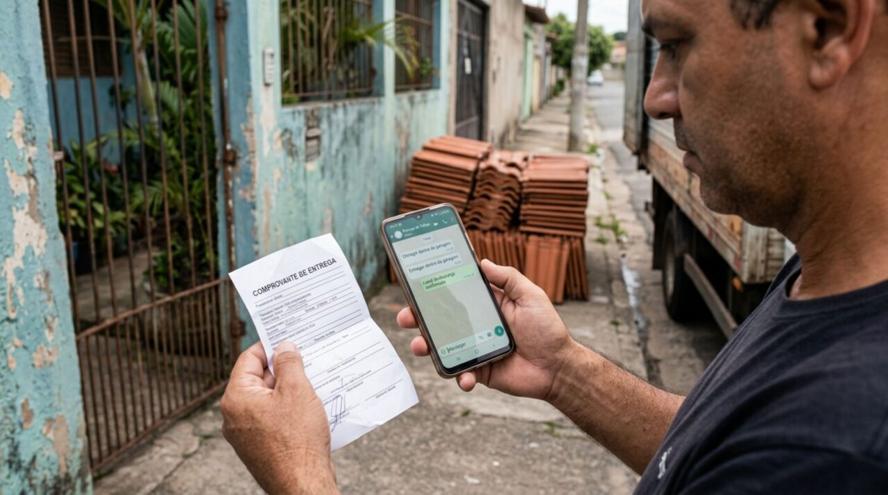 Família encomenda telhas para substituir a cobertura da casa, caminhão descarrega o material na calçada do vizinho e morador exige a retirada imediata, mas mensagens revelam onde a entrega deveria acontecer