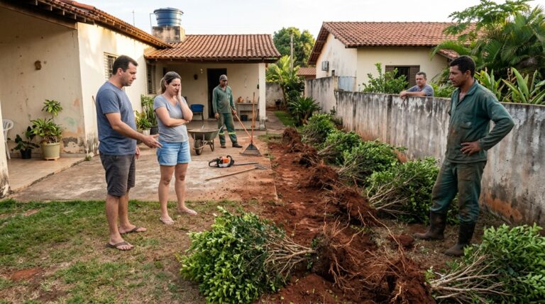Casal contrata poda leve da cerca viva e descobre que o vizinho orientou a equipe a arrancar todas as plantas, exigindo explicações sobre quem autorizou a mudança do serviço