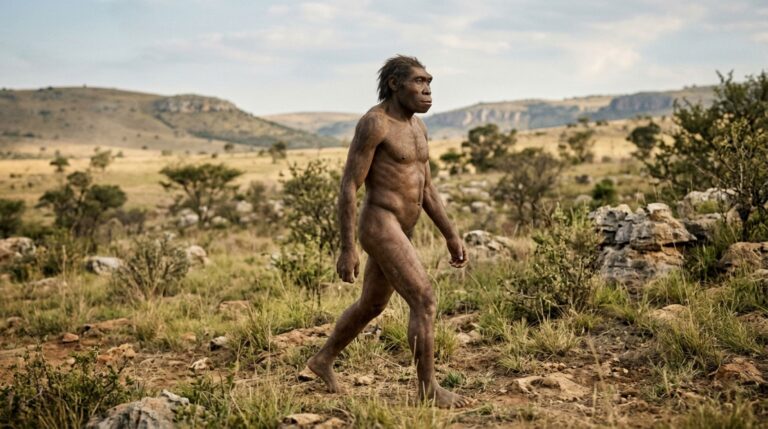 Reconstrução hipotética de Homo erectus no sul da África, onde fósseis indicam sua presença há aproximadamente 2 milhões de anos