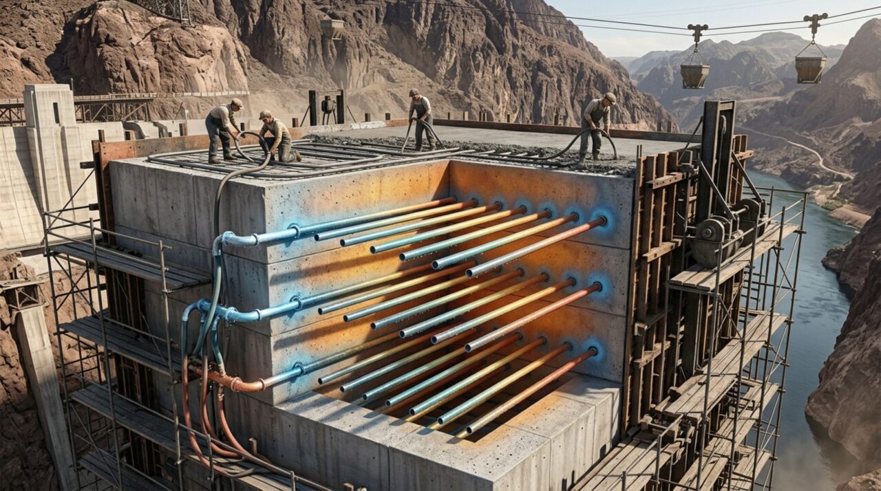 Tubulações internas transportavam água refrigerada para reduzir a temperatura e evitar fissuras no concreto da Hoover Dam