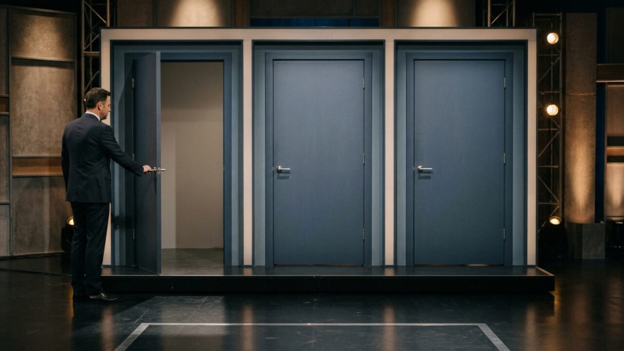 Você escolhe uma de três portas, uma porta perdedora é aberta e sobra a chance de trocar: mudar de escolha dobra a probabilidade de ganhar