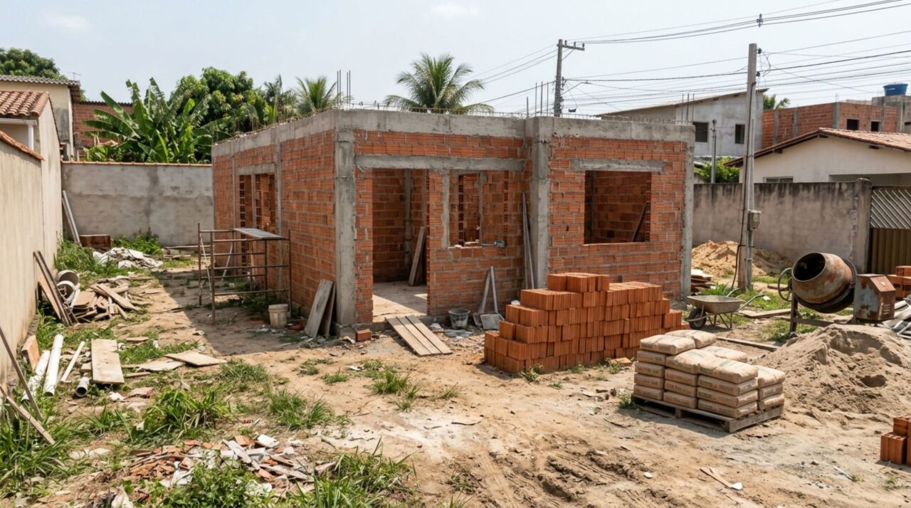 Estrutura de casa térrea ainda sem telhado, com paredes de tijolos e materiais de construção distribuídos no terreno