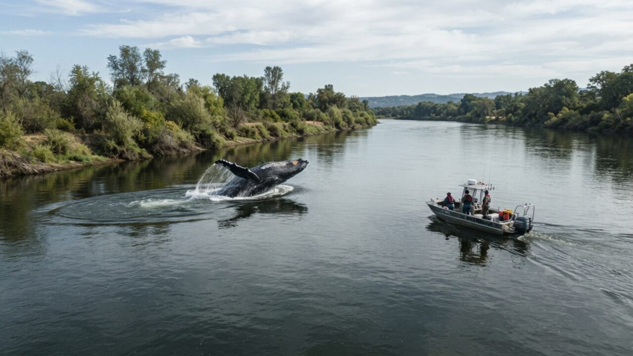 Uma jubarte entrou 97 quilômetros por um rio e surpreendeu pescadores: baleia adulta apareceu longe do Pacífico no Sacramento