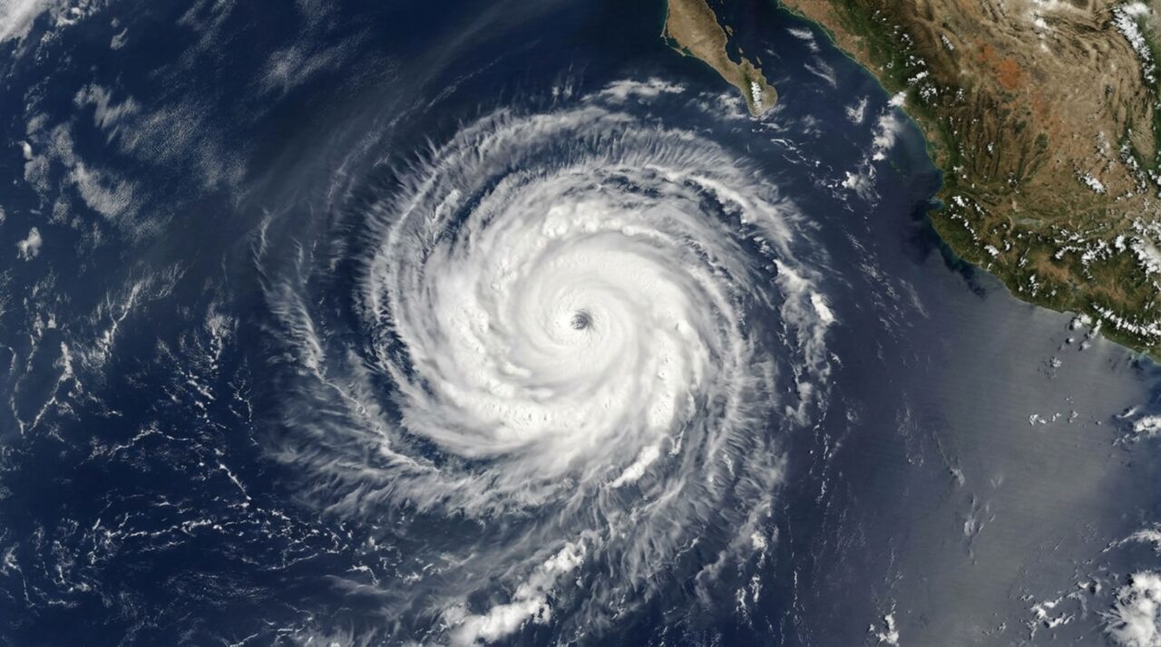 Bandas espirais de nuvens revelam a organização atmosférica do furacão Polo durante sua passagem pelo Pacífico nordeste