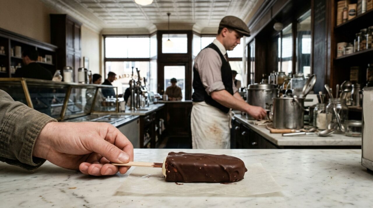 Um sorvete coberto de chocolate era gostoso demais para abandonar, mas bagunçado demais para comer até uma criança sugerir colocar um palito