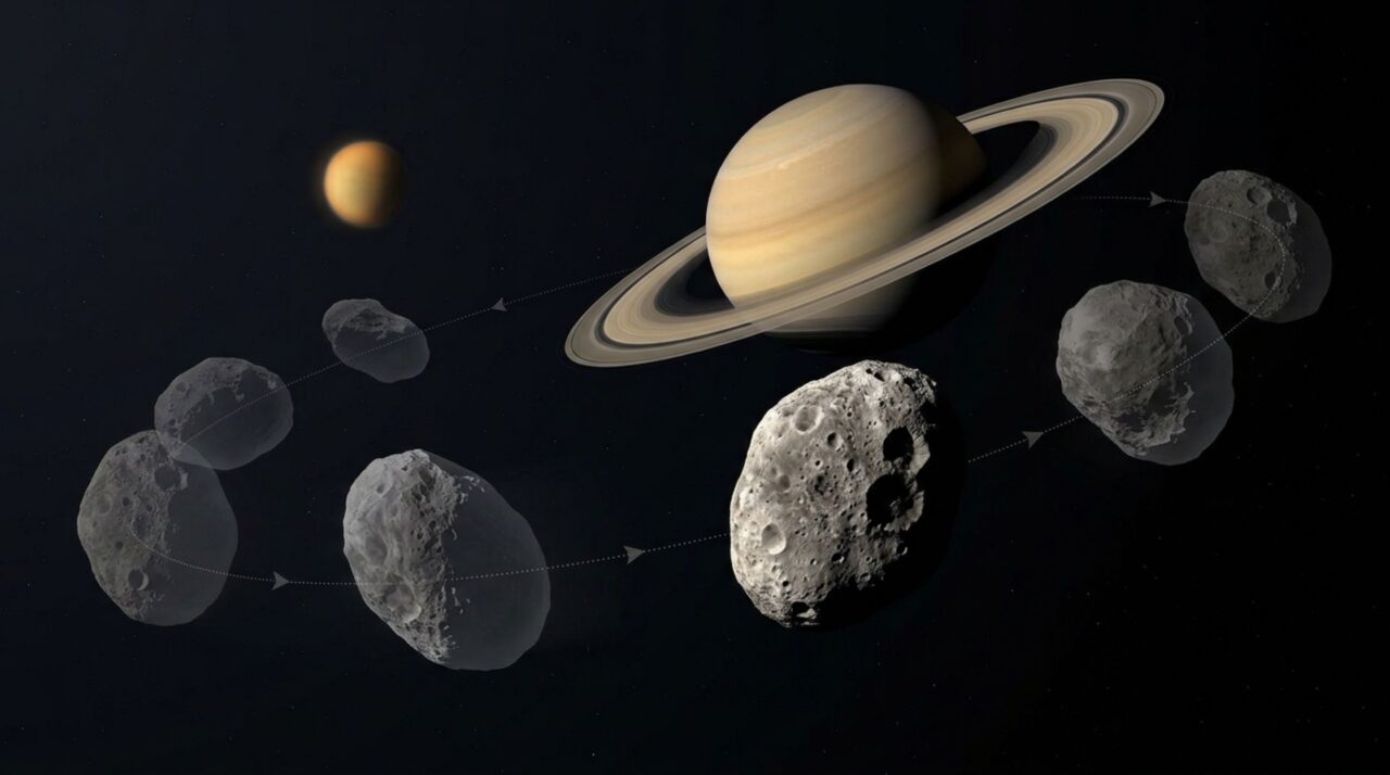 Formato irregular e perturbações gravitacionais fazem Hyperion apresentar uma rotação caótica e difícil de prever