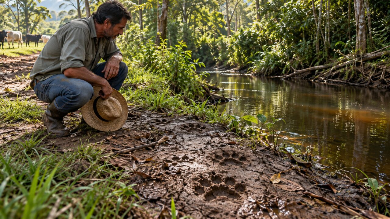 Depois de décadas sem ver a espécie na propriedade, família encontra pegadas grandes perto do córrego e uma câmera registra o animal caminhando pelo mesmo caminho usado pelo gado