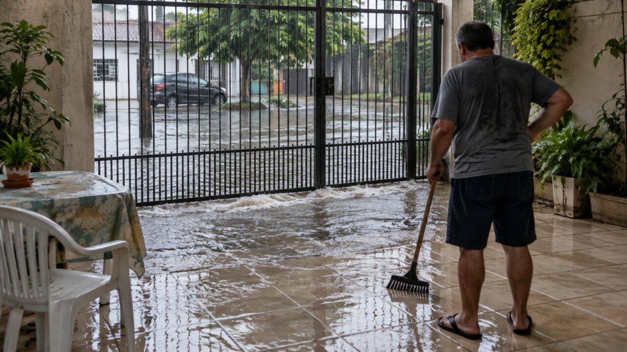 Depois de trocar o piso do quintal por um modelo mais alto, família percebe que o portão continua abrindo normalmente, mas a água da rua agora entra por baixo dele