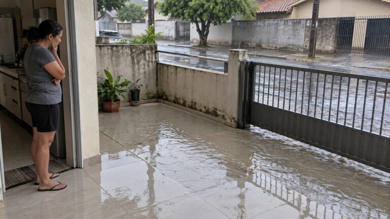 Depois de trocar o piso do quintal por um modelo mais alto, família percebe que o portão continua abrindo normalmente, mas a água da rua agora entra por baixo dele