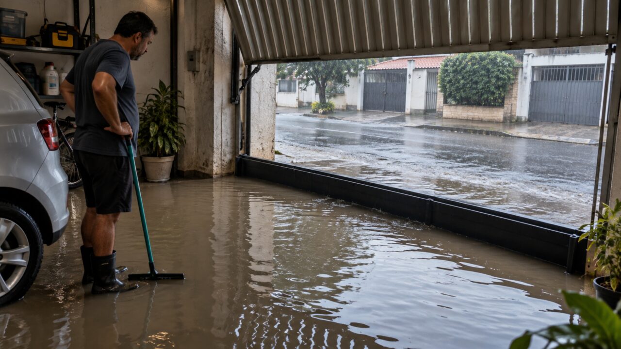Na tentativa de impedir que a água da chuva entre pela garagem, proprietário instala uma barreira removível e descobre que ela também impede o escoamento quando a água vem de dentro do terreno