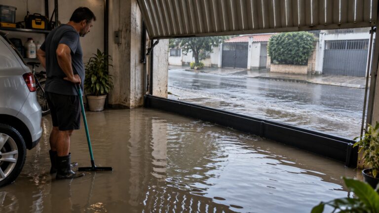Na tentativa de impedir que a água da chuva entre pela garagem, proprietário instala uma barreira removível e descobre que ela também impede o escoamento quando a água vem de dentro do terreno