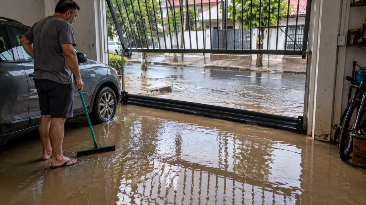 Na tentativa de impedir que a água da chuva entre pela garagem, proprietário instala uma barreira removível e descobre que ela também impede o escoamento quando a água vem de dentro do terreno