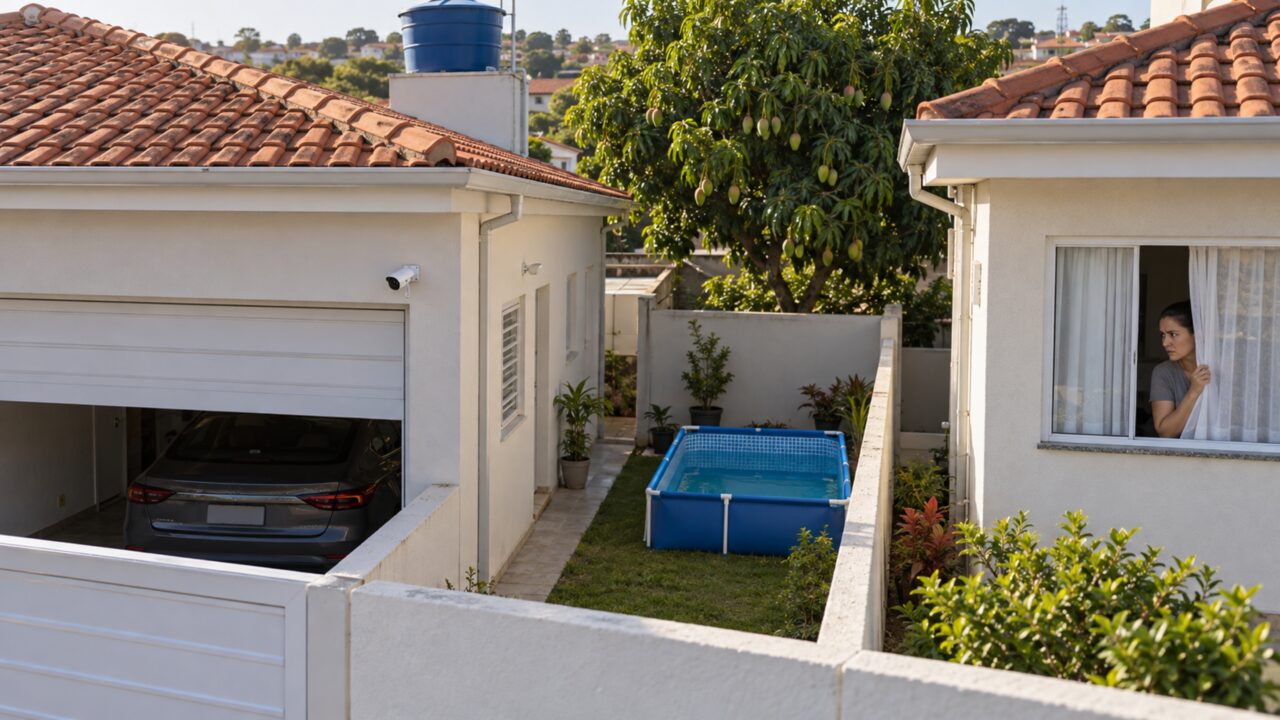Morador instala câmera para vigiar a garagem e vizinha percebe que a lente também alcança toda a piscina e a janela do quarto