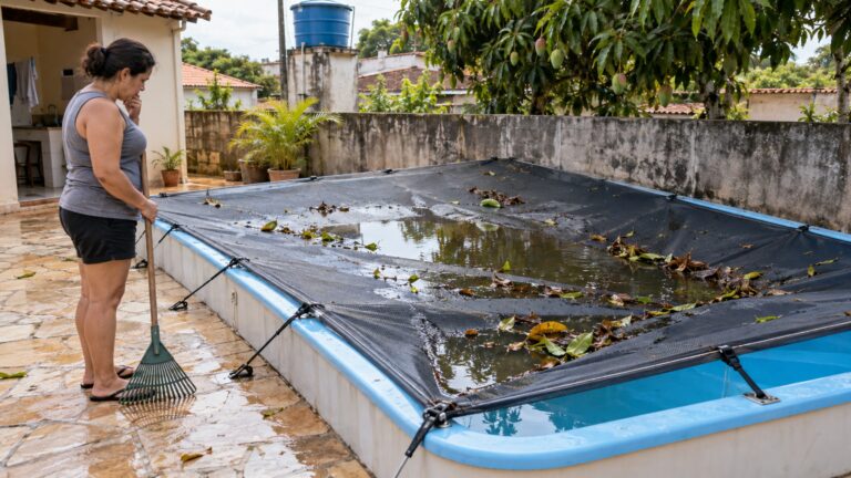 Família coloca tela sobre a piscina para proteger as crianças e percebe que folhas, galhos e água começam a formar uma carga pesada sobre a estrutura depois de uma tempestade
