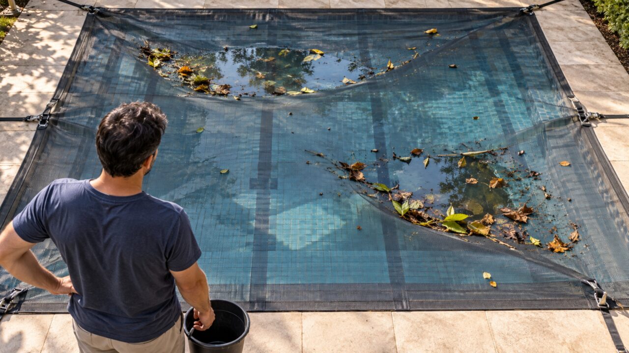 Família coloca tela sobre a piscina para proteger as crianças e percebe que folhas, galhos e água começam a formar uma carga pesada sobre a estrutura depois de uma tempestade