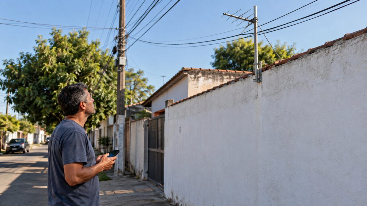 O novo vizinho instala uma pequena antena no alto do muro e quem mora ao lado percebe que o suporte metálico ficou a poucos centímetros dos fios elétricos da rua