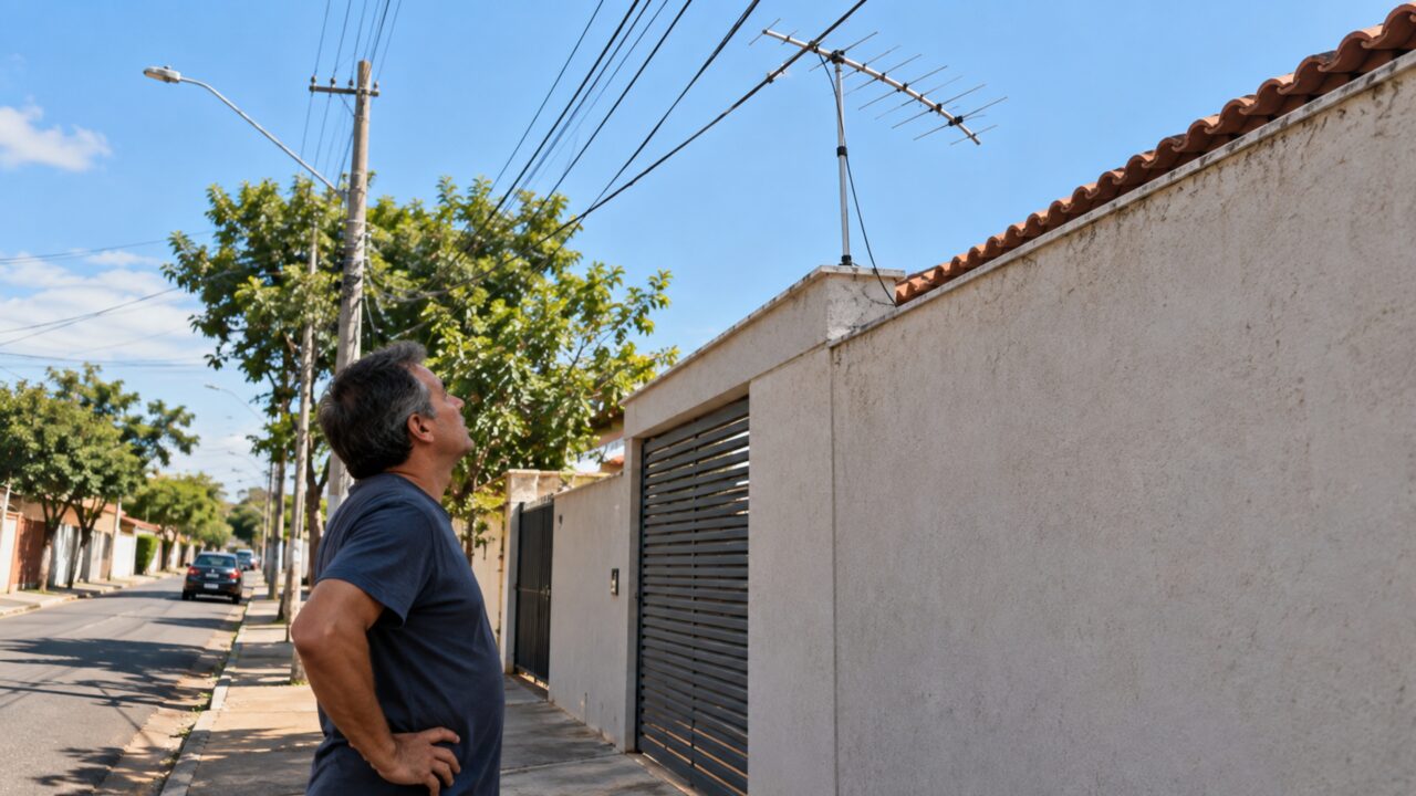 O novo vizinho instala uma pequena antena no alto do muro e quem mora ao lado percebe que o suporte metálico ficou a poucos centímetros dos fios elétricos da rua