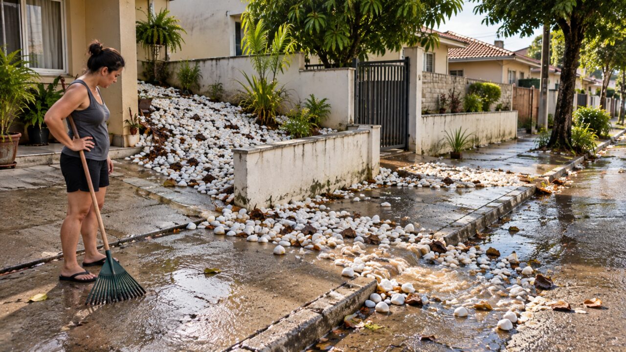 Depois de colocar pedras decorativas ao redor da casa para acabar com a lama, proprietário vê o material espalhado pela calçada e pelo quintal vizinho após a primeira chuva forte