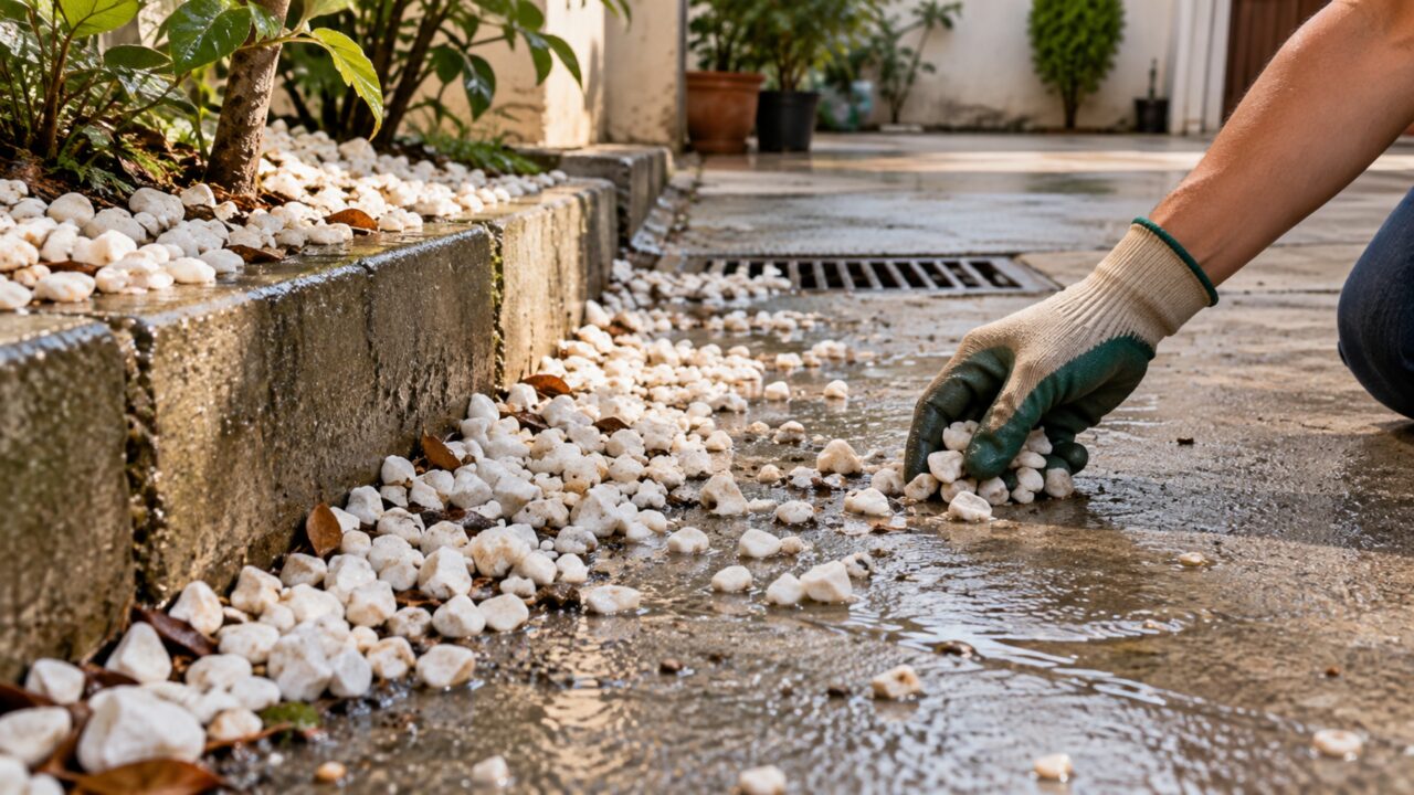 Depois de colocar pedras decorativas ao redor da casa para acabar com a lama, proprietário vê o material espalhado pela calçada e pelo quintal vizinho após a primeira chuva forte