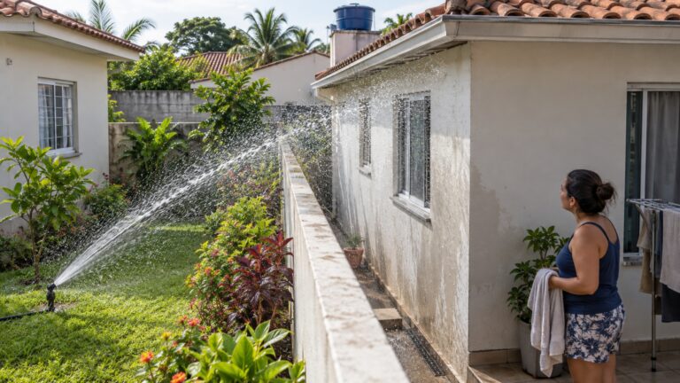 Depois de ampliar o canteiro junto ao muro, família percebe que a irrigação automática também molha diariamente a parede da casa vizinha