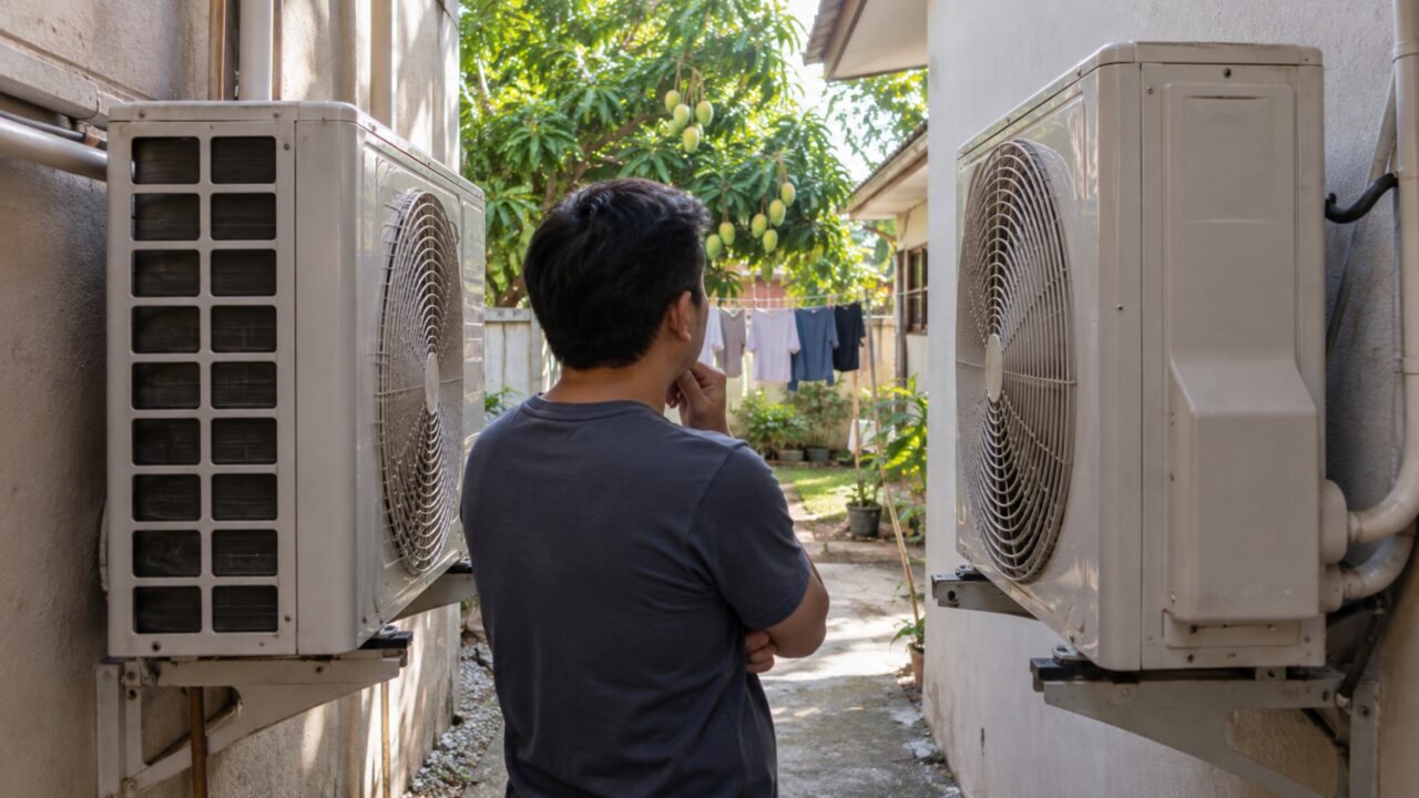 O corredor parecia largo o bastante até duas casas instalarem condensadoras de ar-condicionado frente a frente e a passagem ficar espremida entre os equipamentos