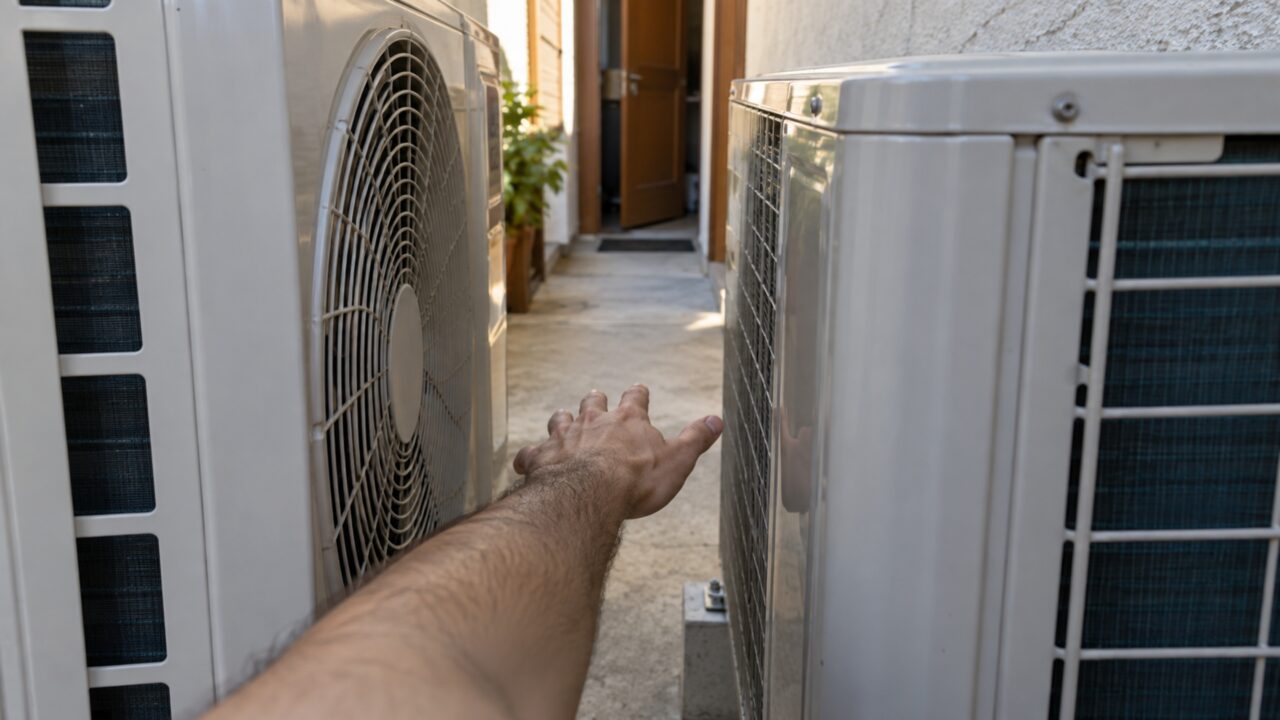 O corredor parecia largo o bastante até duas casas instalarem condensadoras de ar-condicionado frente a frente e a passagem ficar espremida entre os equipamentos