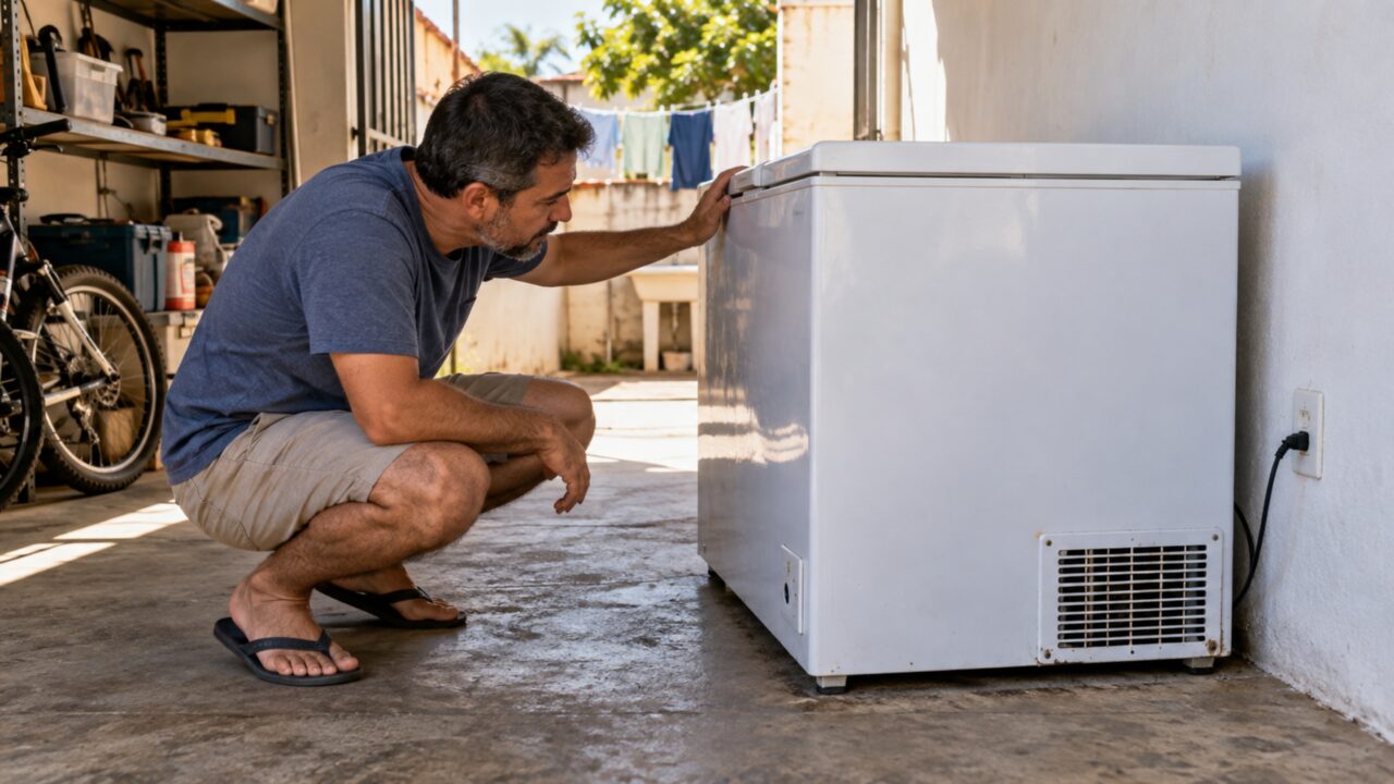 O freezer parecia caber perfeitamente na garagem até começar a ligar de madrugada e fazer a parede compartilhada vibrar junto com o compressor