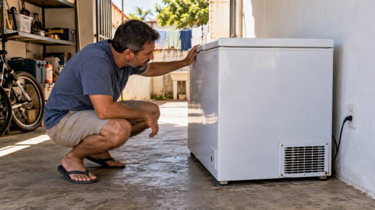 O freezer parecia caber perfeitamente na garagem até começar a ligar de madrugada e fazer a parede compartilhada vibrar junto com o compressor