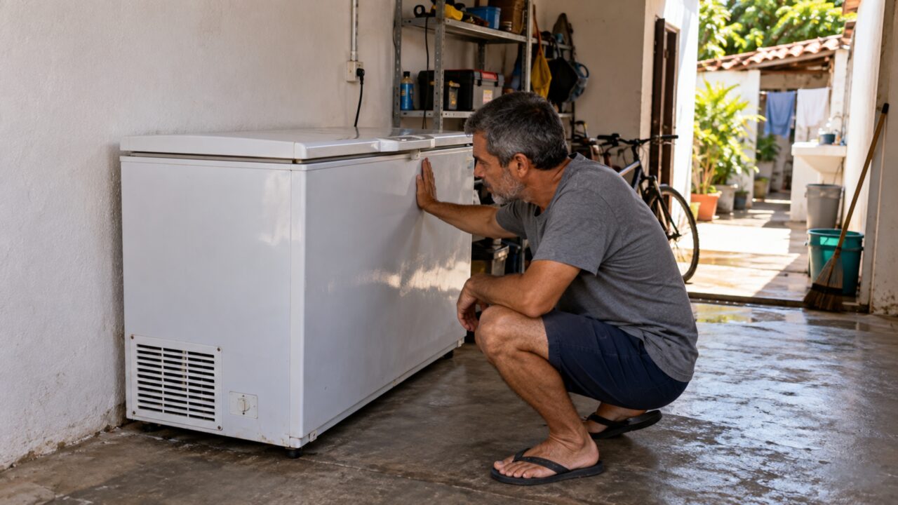 O freezer parecia caber perfeitamente na garagem até começar a ligar de madrugada e fazer a parede compartilhada vibrar junto com o compressor