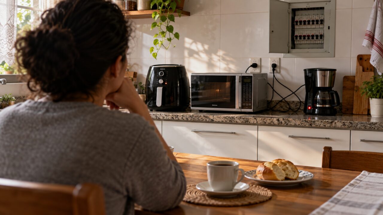 Uma tomada é colocada ao lado da bancada para facilitar o uso da air fryer e, semanas depois, família percebe que o mesmo circuito também alimenta micro-ondas, forno e cafeteira