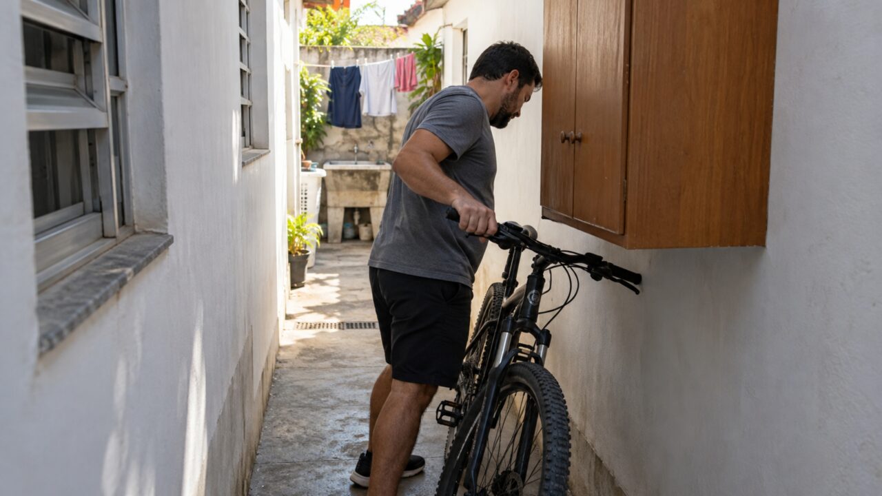 A discussão começa por causa de 12 centímetros: novo armário externo avança sobre o corredor e o vizinho diz que já não consegue passar com bicicleta sem raspar na estrutura