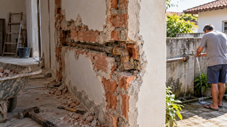 Depois de anos sem problema, uma reforma revela que a torneira do quintal vizinho é alimentada por um cano que atravessa a parede da outra casa antes de chegar até ela