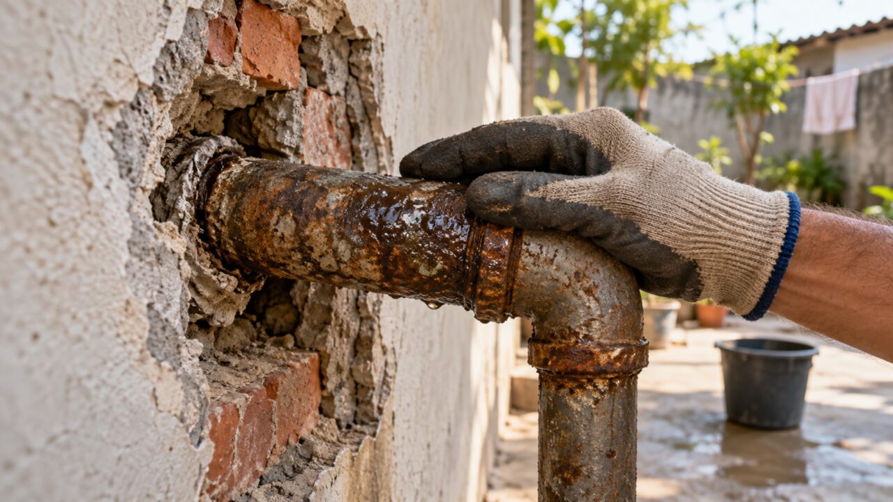 Depois de anos sem problema, uma reforma revela que a torneira do quintal vizinho é alimentada por um cano que atravessa a parede da outra casa antes de chegar até ela