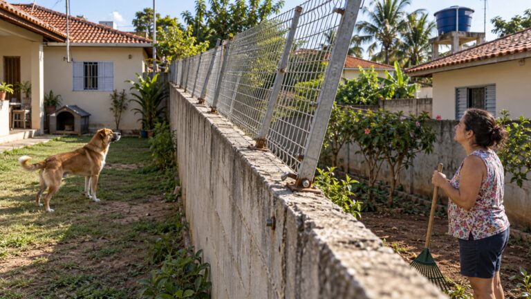 Na tentativa de impedir que o cachorro escape, proprietário prende uma tela metálica no topo do muro e cria outro problema quando a estrutura começa a inclinar para o terreno vizinho com o vento