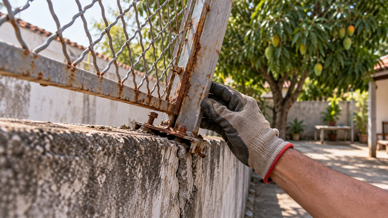 Na tentativa de impedir que o cachorro escape, proprietário prende uma tela metálica no topo do muro e cria outro problema quando a estrutura começa a inclinar para o terreno vizinho com o vento