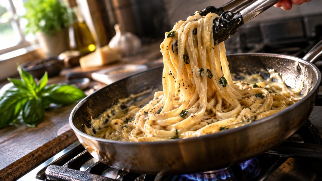 Macarrão cremoso sem creme de leite: cozinheiros usam um pouco da própria água do cozimento para ligar molho, gordura e queijo