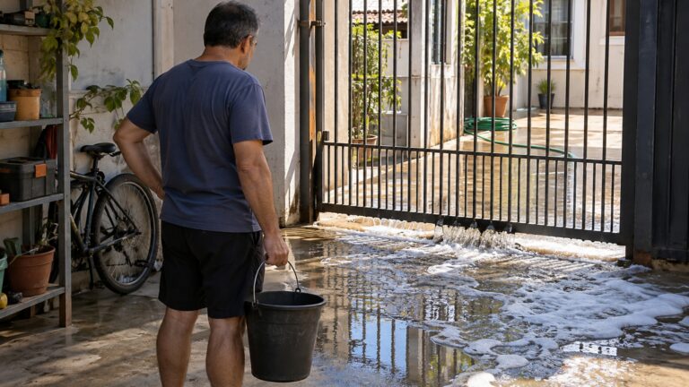 Vizinha lava o quintal todos os dias às 6h e água com sabão começa a escorrer por baixo do portão da casa ao lado