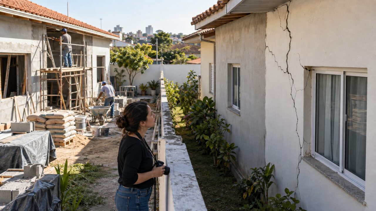 Nada foi construído no terreno dela, mas a obra ao lado deixou a parede da cozinha rachada e agora os dois lados discordam sobre a origem das fissuras