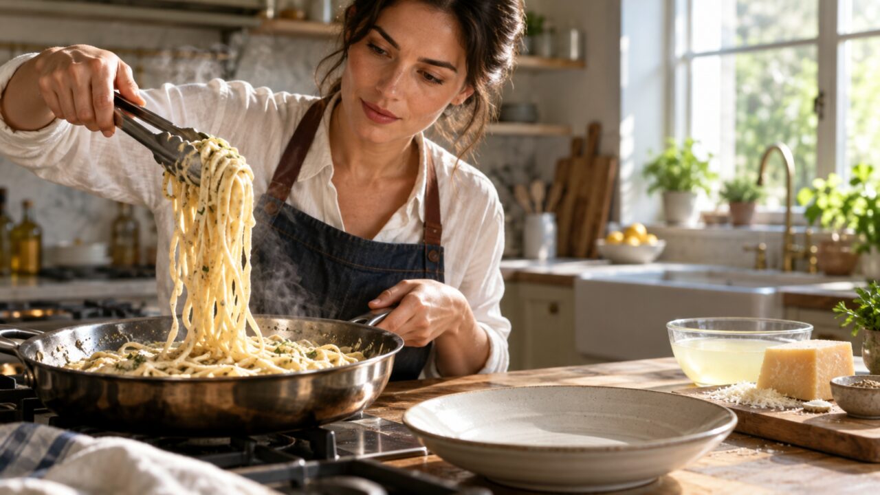 O macarrão já está cozido, mas ainda não terminou de ficar pronto porque alguns cozinheiros deixam os últimos minutos acontecerem dentro do próprio molho