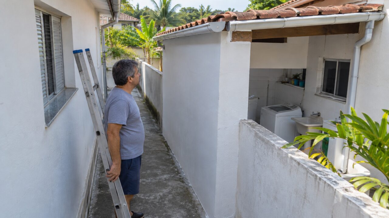 Depois da reforma, a casa ganhou uma lavanderia maior, e o vizinho perdeu o lugar onde apoiava a escada para limpar a própria calha