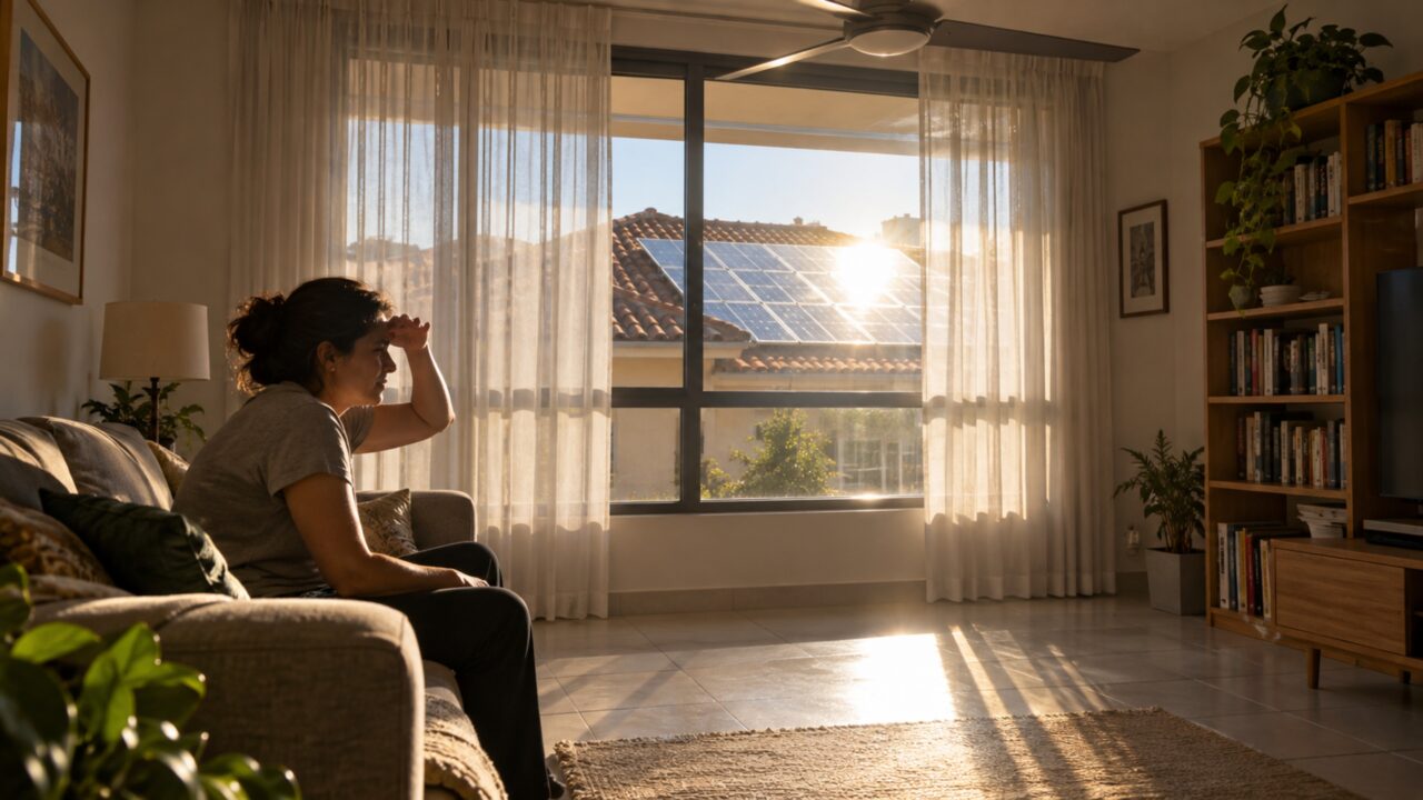 O painel solar não faz barulho nem ocupa a divisa, mas o reflexo aparece todos os dias às 15h exatamente na sala do apartamento em frente