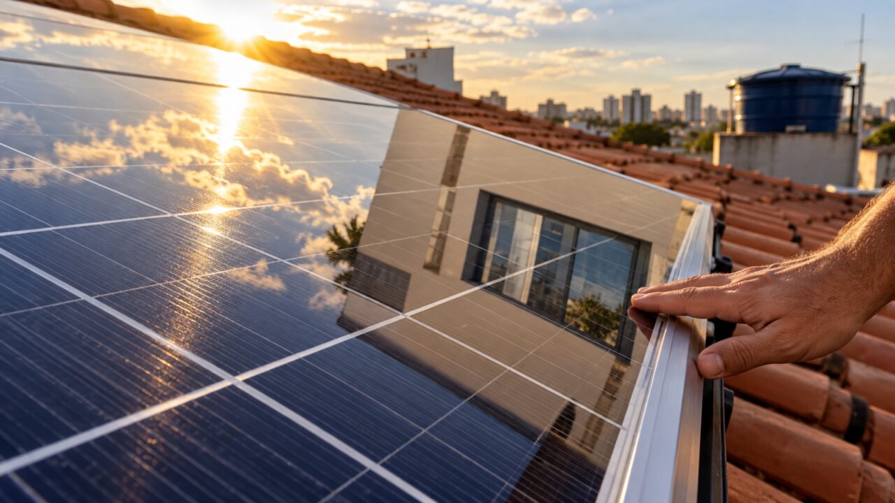 O painel solar não faz barulho nem ocupa a divisa, mas o reflexo aparece todos os dias às 15h exatament