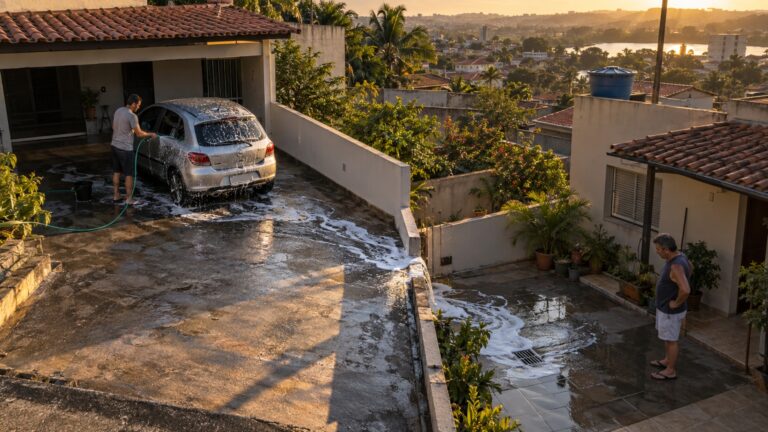 A discussão começou por causa de uma mangueira: água usada para lavar o carro atravessa a garagem e termina sempre no ralo da casa vizinha