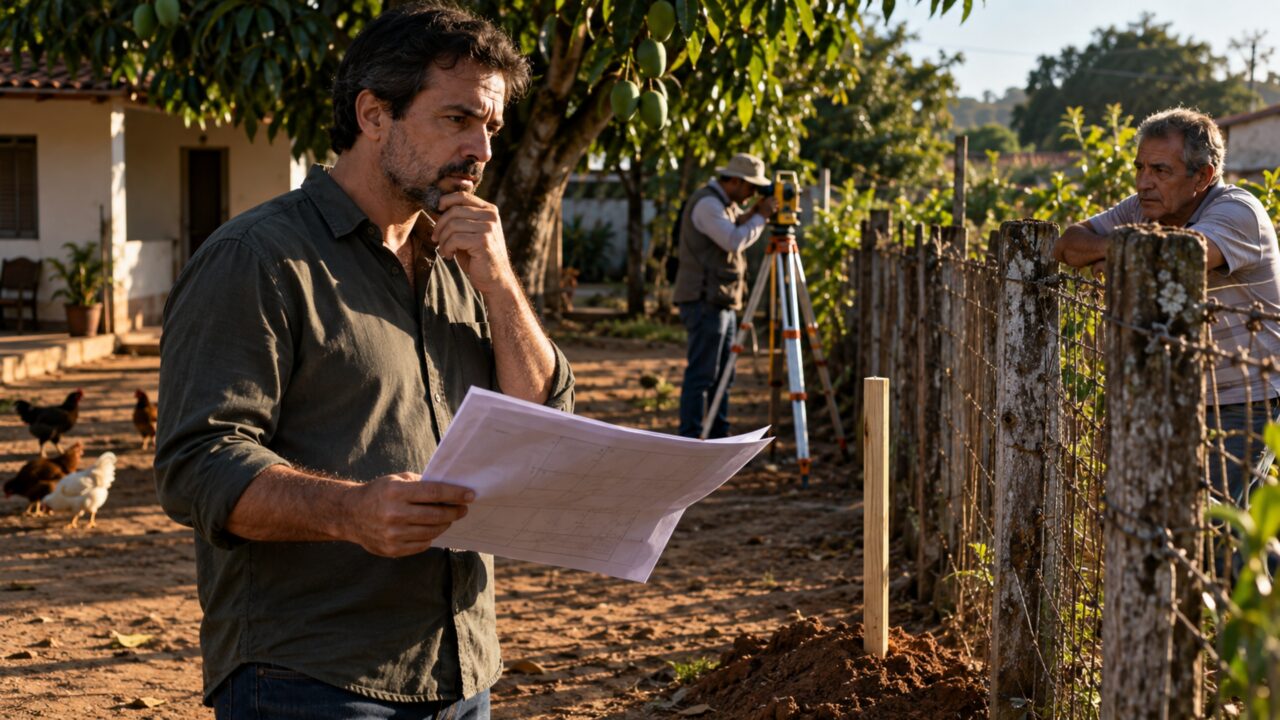 A cerca estava no mesmo lugar havia 25 anos; bastou um topógrafo chegar para dois vizinhos perceberem que nenhuma das casas seguia exatamente a linha registrada